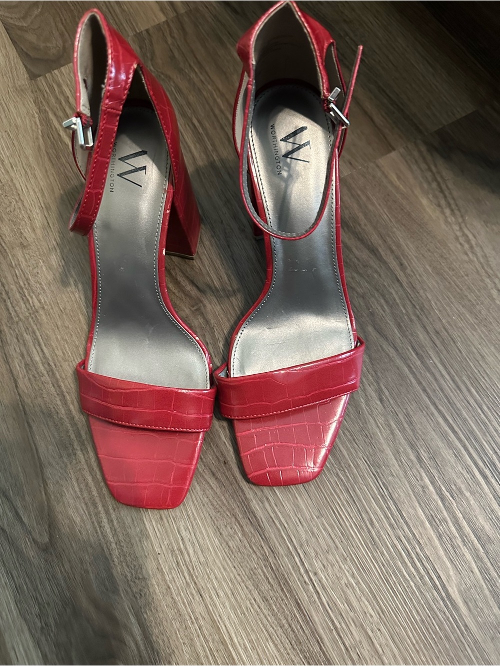 Worthington Coral-Red Croc-Embossed Square-Toe Block Heels